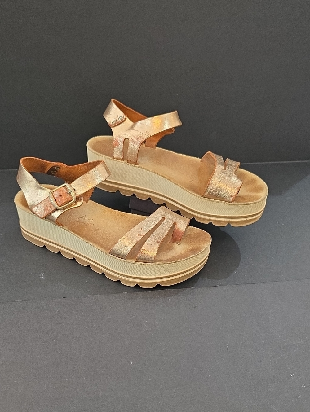 Metallic Rose Gold Platform Sandals with Buckle Strap - Women Size 6